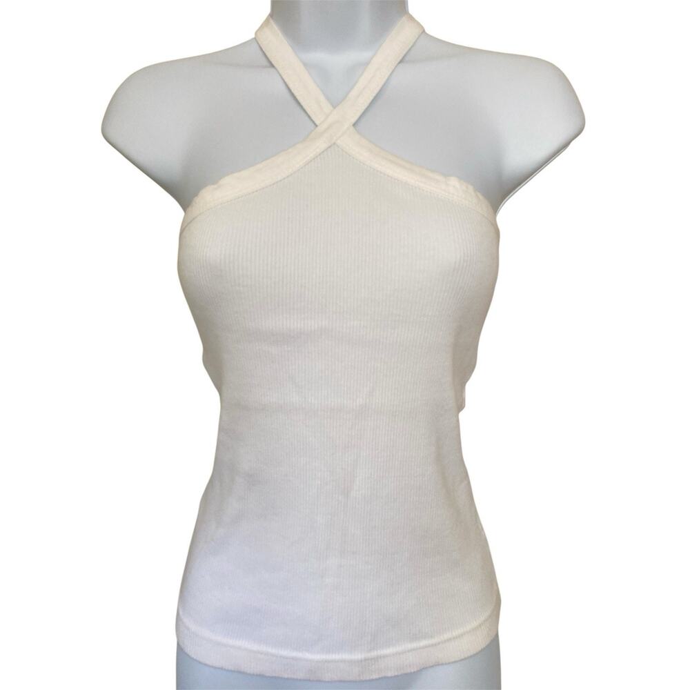 Vintage Y2k 90s Minimalist White Cotton Halter Crossover Baby Rib Knit Tank Top